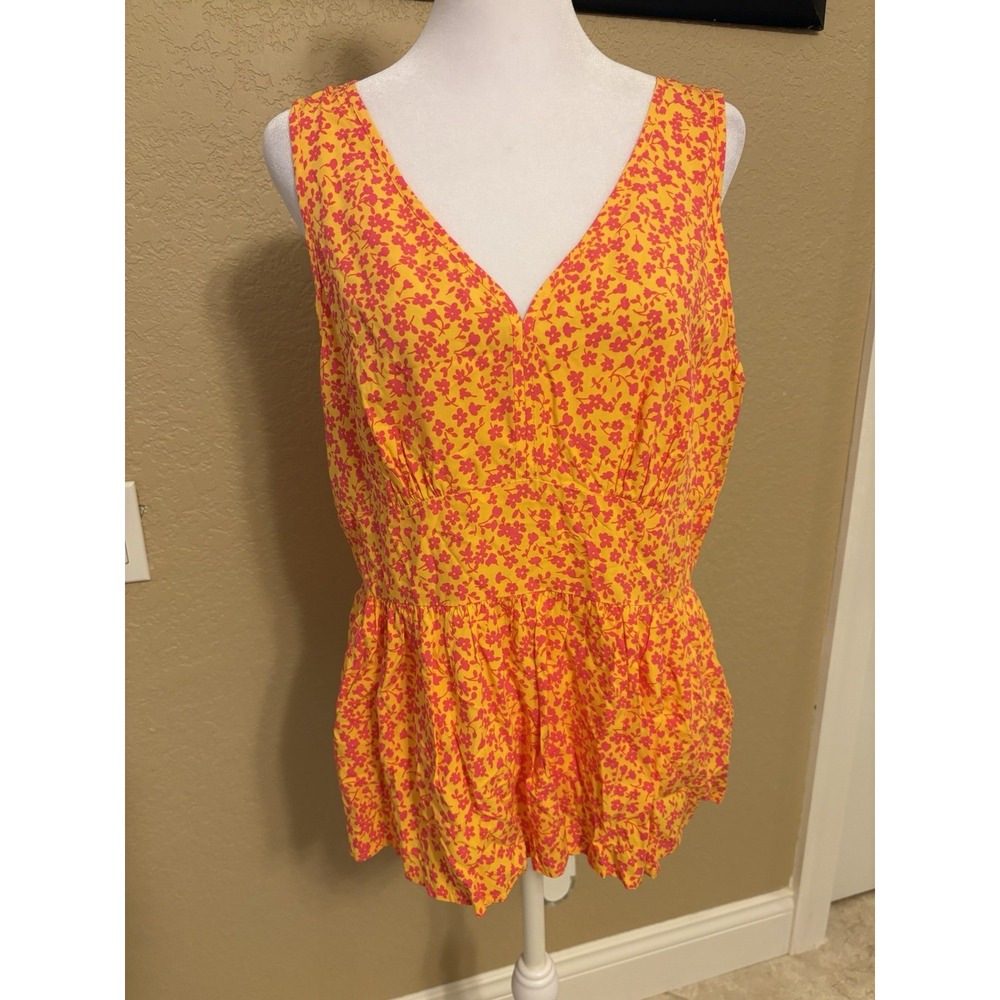 J Crew Sleeveless V Neck Peplum Floral Top, 8, Yellow‎ And Pink